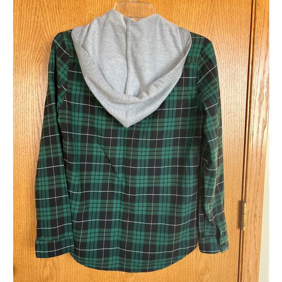 I Joah green/black plaid button down long sleeve hoodie shirt, Women's S - Picture 4 of 5